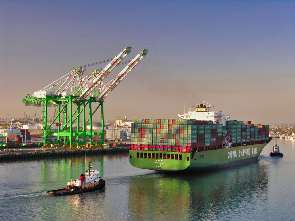 USA - California - Los Angeles - Port Cranes and Container Ship with Tug Boats