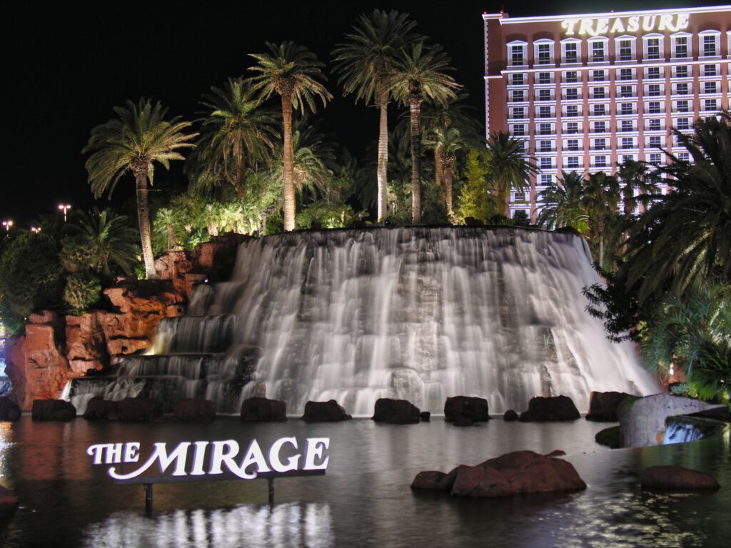 USA - Nevada - Las Vegas - Hotel The Mirage with Illuminated Waterfall at Night